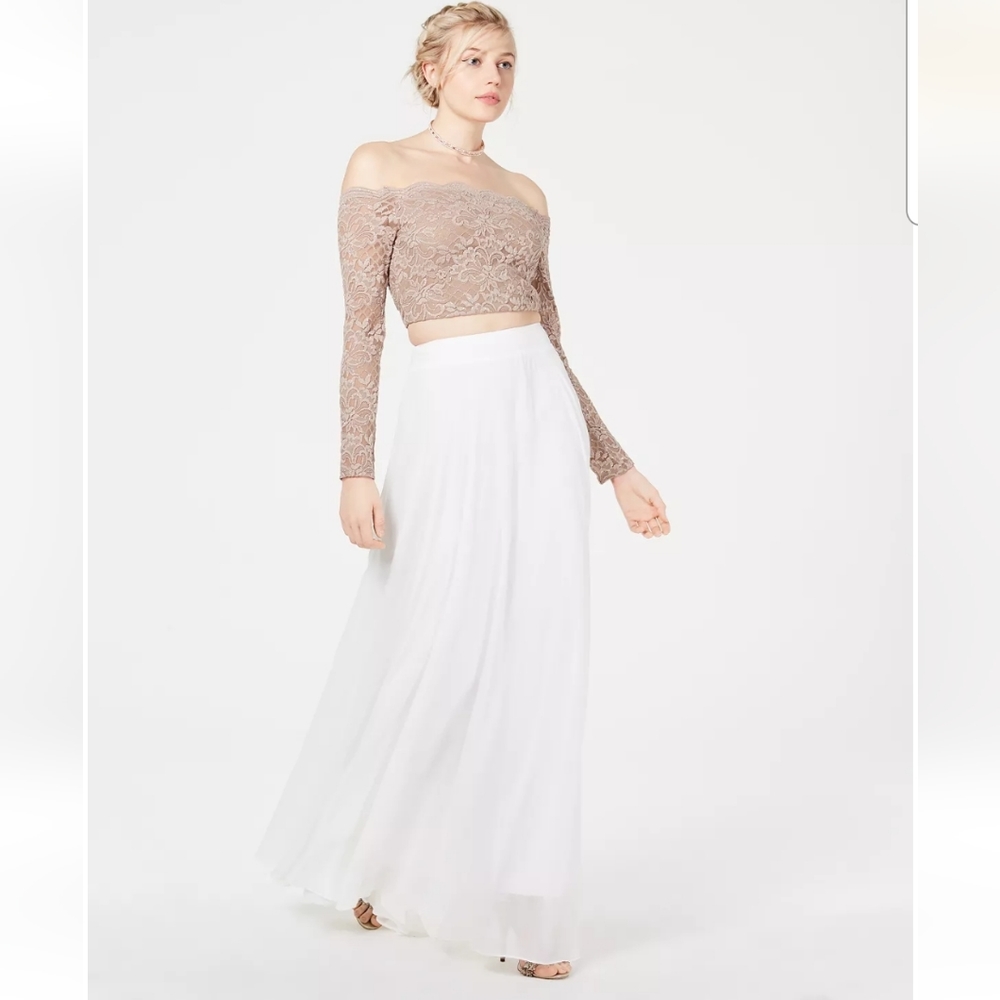 NWT City Studio Long sleeve Formal Lace top taupe. And maxi skirt white.